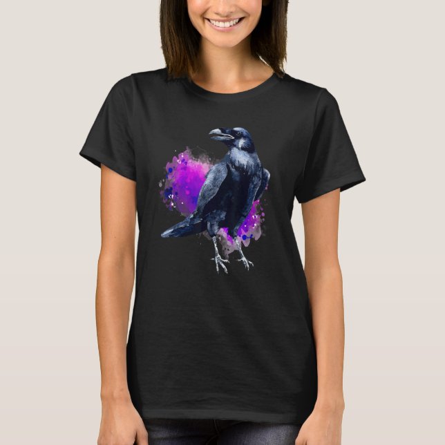 Raven With Purple Watercolor Splash Background T-Shirt (Front)