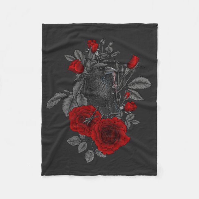 Raven with the key and roses fleece blanket (Front)