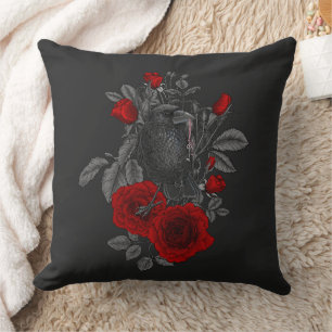 Raven with the key and roses throw pillow