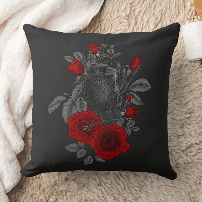 Raven with the key and roses throw pillow (Blanket)
