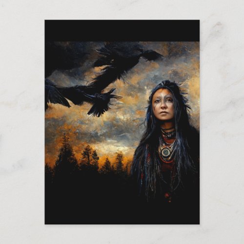 Raven woman postcard