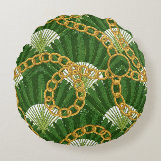 Ravenala & Gold Chains: Vintage Elegance Round Pillow