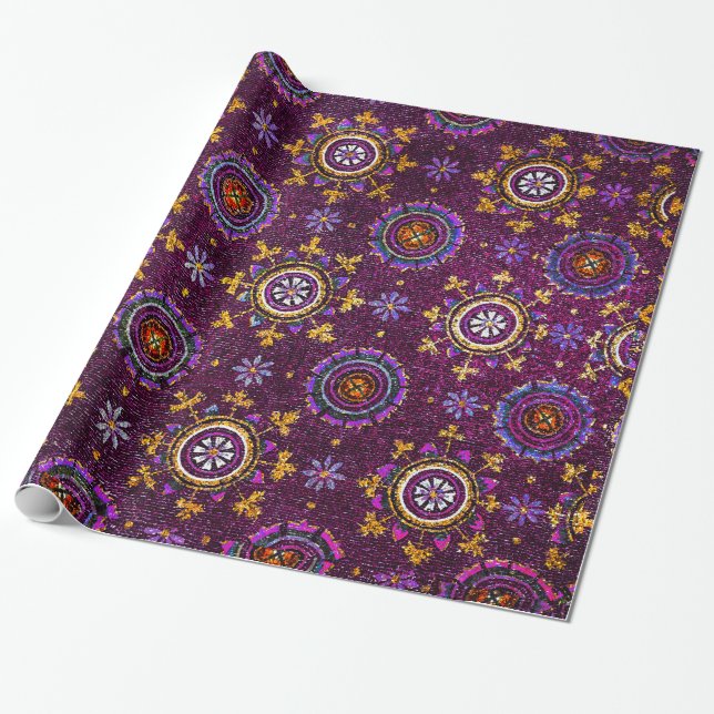 RAVENNA BYZANTINE MOSAIC,STARS,PURPLE STARRY NIGHT WRAPPING PAPER (Unrolled)