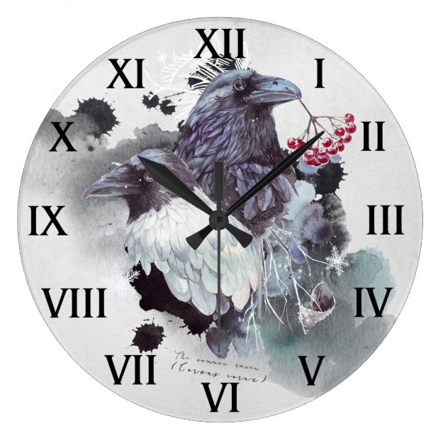 Ravens Abstract Watercolor Background Round | Large Clock