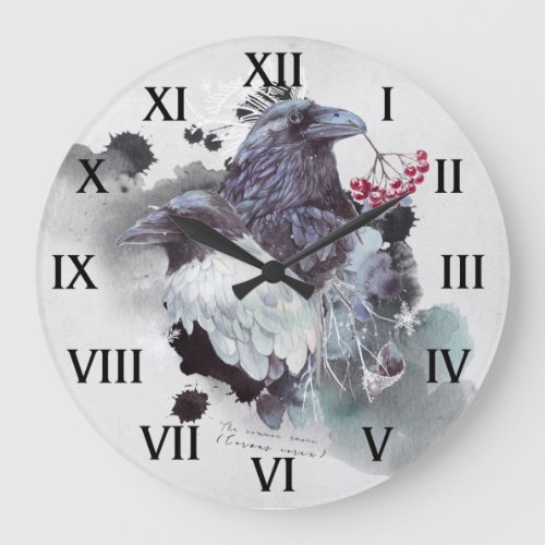 Ravens Abstract Watercolor Background Round  Large Clock