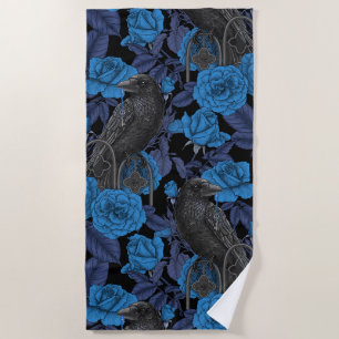 Ravens and blue roses beach towel