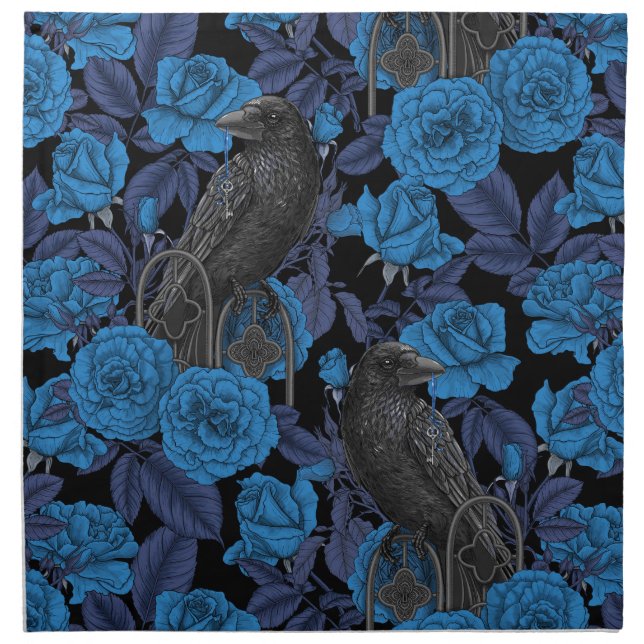 Ravens and  blue roses cloth napkin (Front)