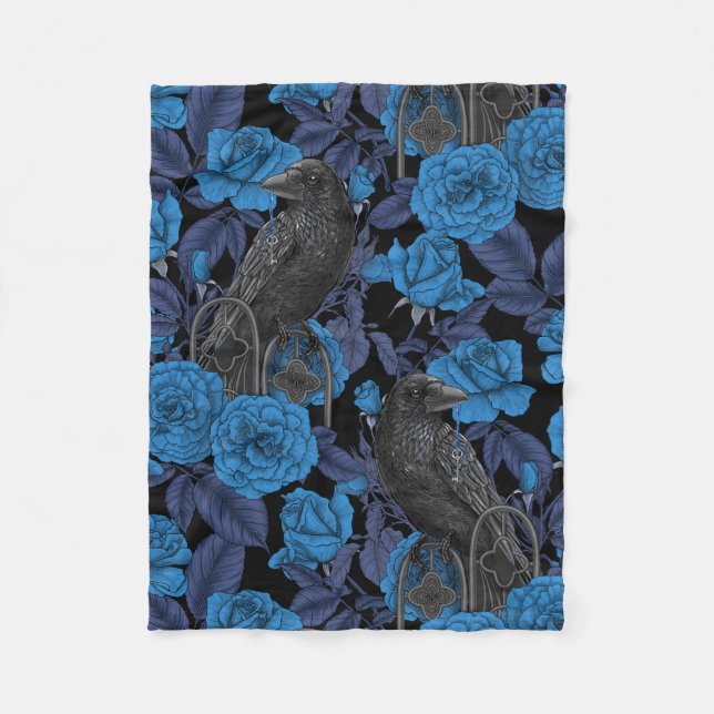 Ravens and  blue roses fleece blanket (Front)