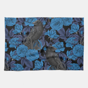 Ravens and  blue roses kitchen towel