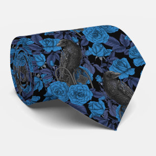 Ravens and  blue roses neck tie
