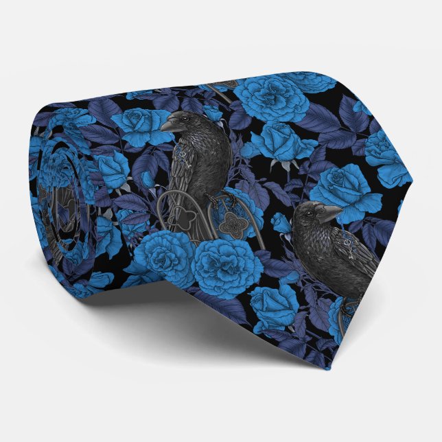 Ravens and  blue roses neck tie (Rolled)