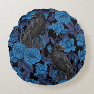 Ravens and  blue roses round pillow