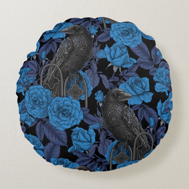 Ravens and  blue roses round pillow (Front)