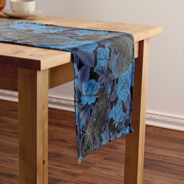 Ravens and  blue roses short table runner (In Situ)