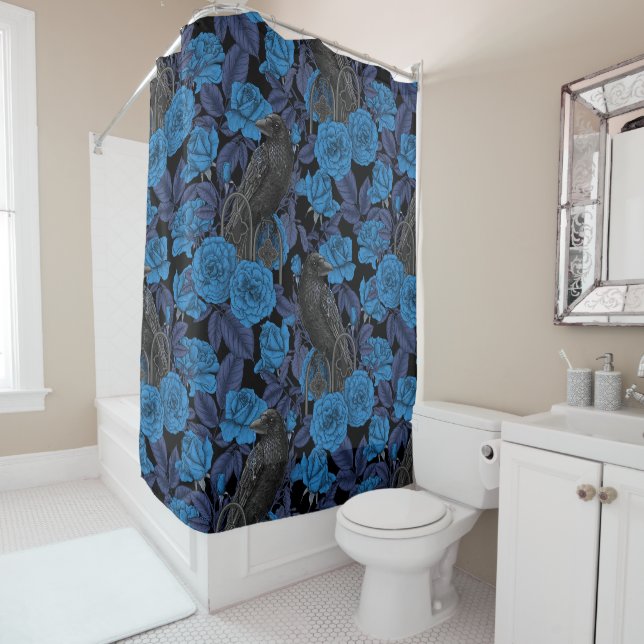 Ravens and  blue roses shower curtain (In Situ)