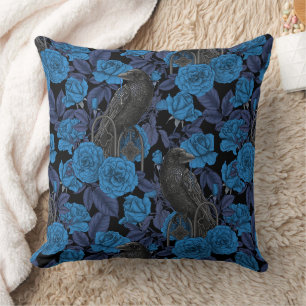 Ravens and  blue roses throw pillow