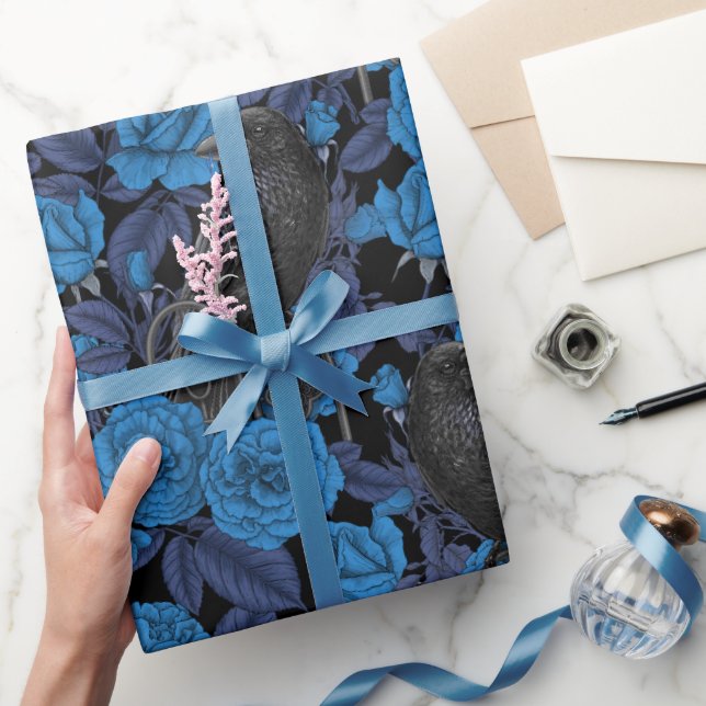 Ravens and  blue roses wrapping paper (Gifting)
