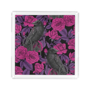 Ravens and pink roses acrylic tray