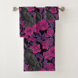 Ravens and pink roses bath towel set