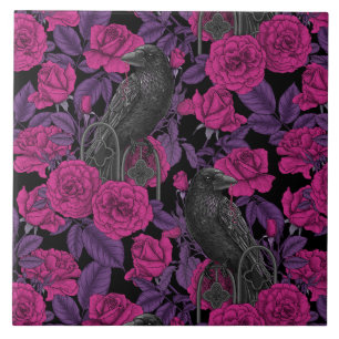 Ravens and pink roses ceramic tile