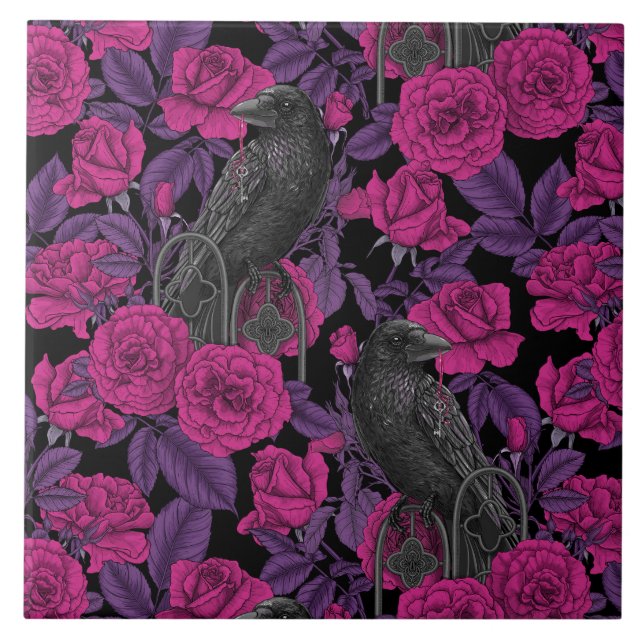 Ravens and pink roses ceramic tile (Front)