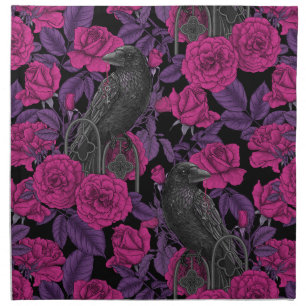 Ravens and pink roses cloth napkin
