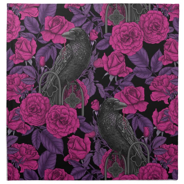 Ravens and pink roses cloth napkin (Front)