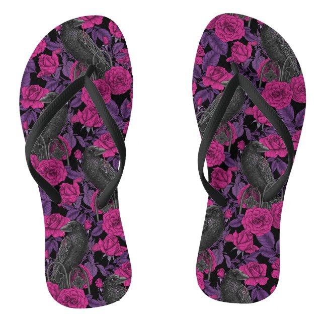 Ravens and pink roses flip flops (Footbed)