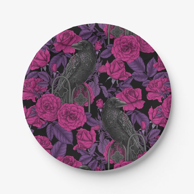 Ravens and pink roses paper plates (Front)