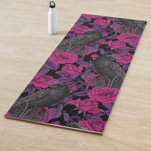 Ravens and pink roses yoga mat