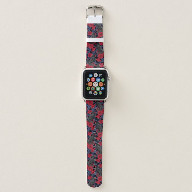 Ravens and roses with dark blue leaves apple watch band (Front)