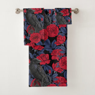 Ravens and roses with dark blue leaves bath towel set