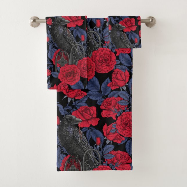 Ravens and roses with dark blue leaves bath towel set (Insitu)