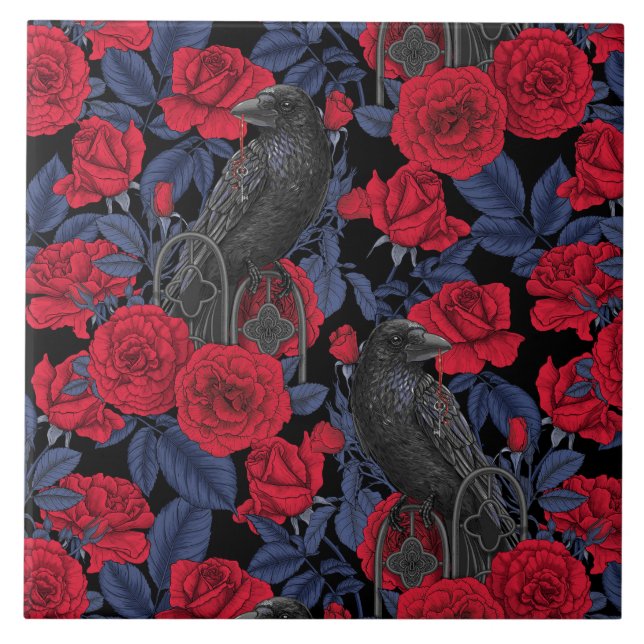 Ravens and roses with dark blue leaves ceramic tile (Front)