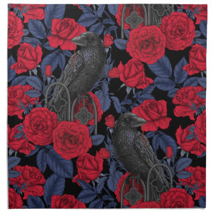 Ravens and roses with dark blue leaves cloth napkin