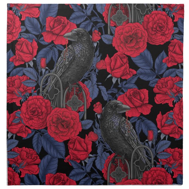 Ravens and roses with dark blue leaves cloth napkin (Front)