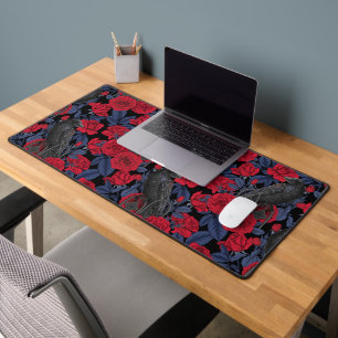 Ravens and roses with dark blue leaves desk mat
