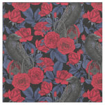 Ravens and roses with dark blue leaves fabric