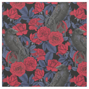 Ravens and roses with dark blue leaves fabric