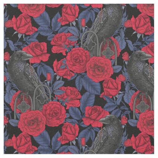 Ravens and roses with dark blue leaves fabric