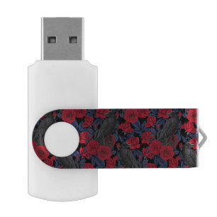 Ravens and roses with dark blue leaves flash drive