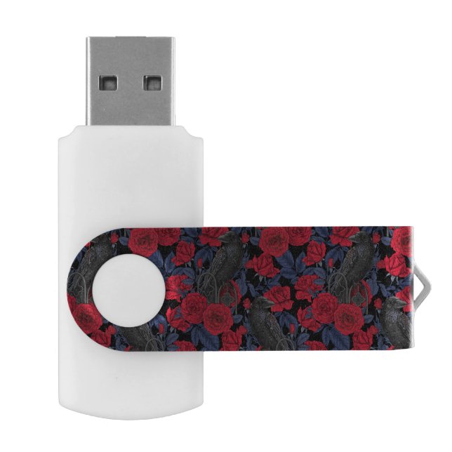 Ravens and roses with dark blue leaves flash drive (Opened)