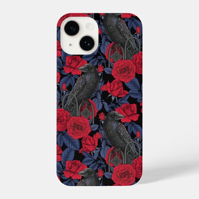 Ravens and roses with dark blue leaves iPhone case (Back)