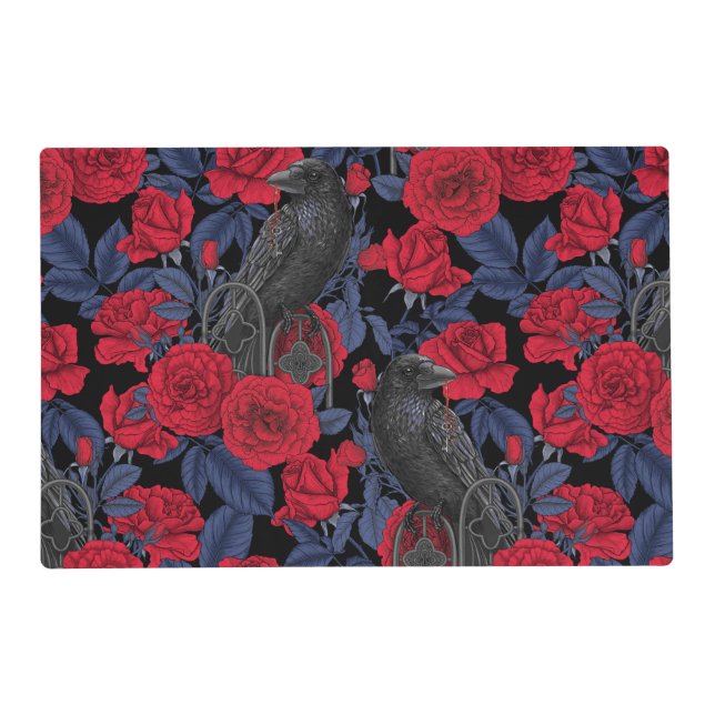 Ravens and roses with dark blue leaves placemat (Front)