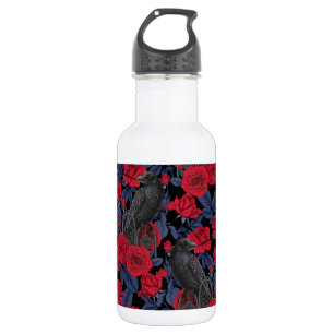 Ravens and roses with dark blue leaves stainless steel water bottle