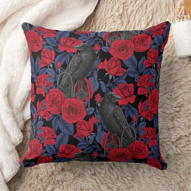 Ravens and roses with dark blue leaves throw pillow (Blanket)