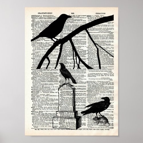 Ravens and Tomb Halloween  Dictionary Art Print