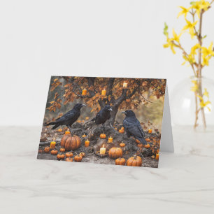Ravens Crows with Pumpkins Candles Edgar Allan Poe Card