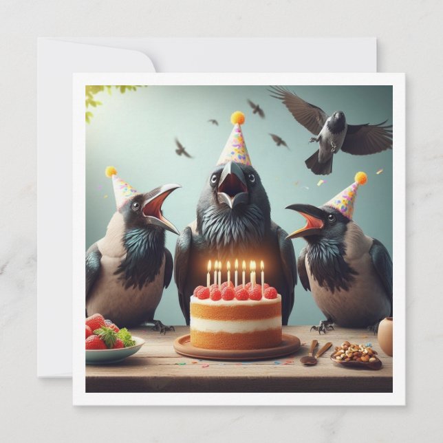 Ravens eating birthday cake, bird birthday  invitation (Front)