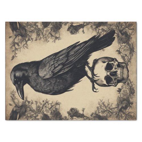 Ravens Elegy Vintage Skull and Raven Decoupage  Tissue Paper